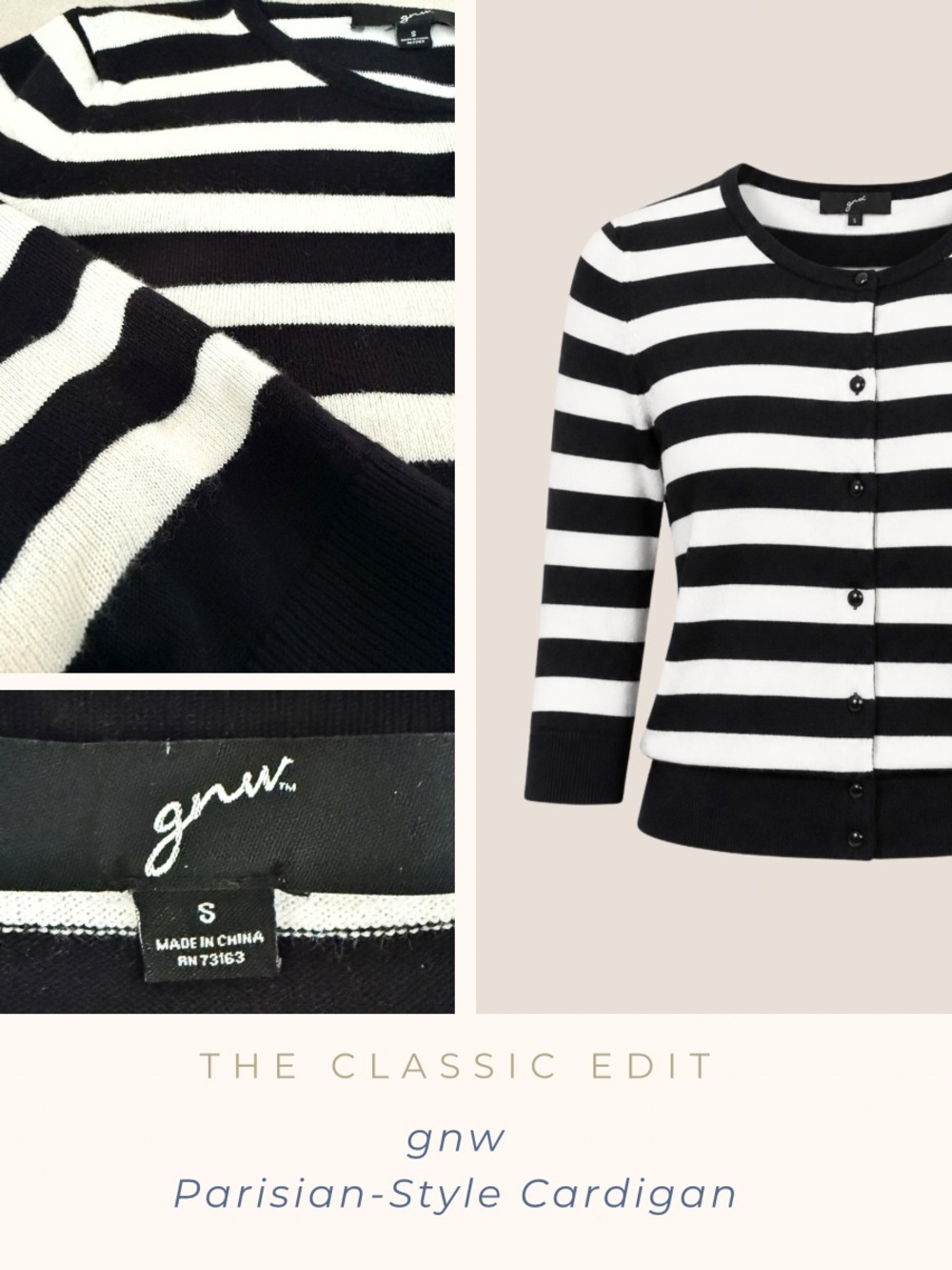 GNW | Black & White Striped Cardigan Sweater | 3/4 Sleeve | Parisian | Breton